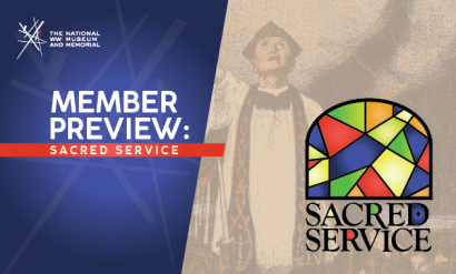 A stylized logo shaped like a stained-glass window with stylized text that reads in all-caps 'SACRED SERVICE,' over a faded background of a painting of a Christian chaplain. Text: 'Member Preview: Sacred Service'