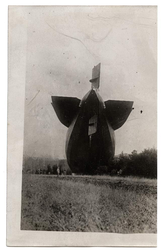 Black and white photograph. The tail end of a large rigid-frame airship, with four large fins emerging from the back, resting on a stand of trees.