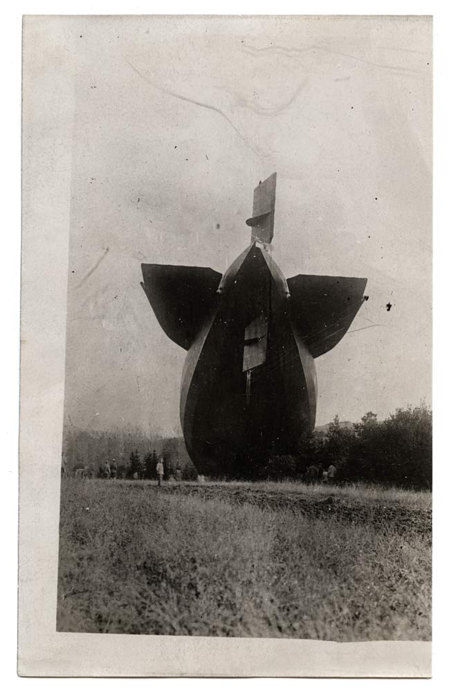 Photographie noir et blanc. La queue d'un grand dirigeable à cadre rigide, avec quatre grandes nageoires émergeant de l'arrière, reposant sur un peuplement d'arbres.