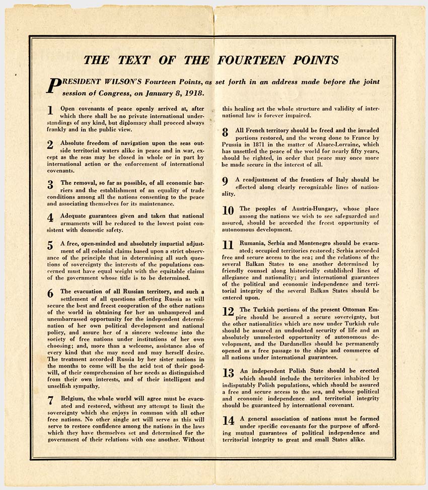 Typewritten pamphlet with the text of President Wilson's 14 points