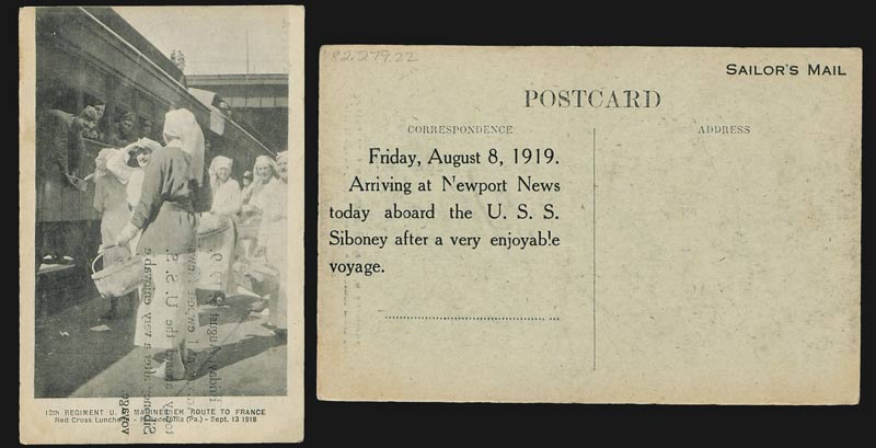 Scan of the front and back of a postcard. The front shows a picture of women standing on a train station platform speaking to soldiers on a train. The back has a typewritten message.