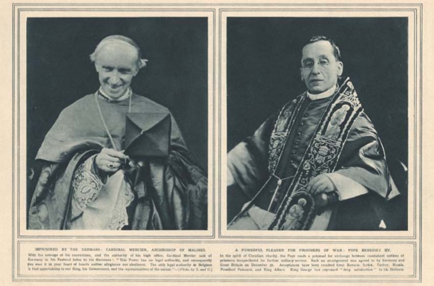 Two black and white photograph portaits. One is an old white man dressed in cardinal robes. The other one is an old white man dressed in pope robes.