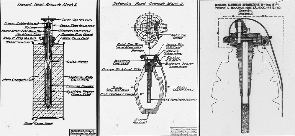 Scans of three different diagrams examining the components of three different grenades.