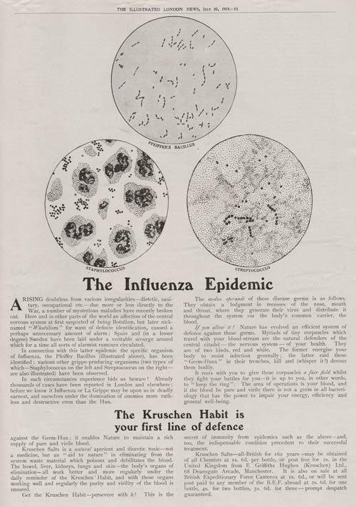 Scan of a newspaper advertisement. Image: 3 circles with printed images of microbes in them. Headline: The Influenza Epidemic. The Kruschen Habit is your first line of defence.