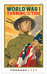 Picture of a stamp. Text: World War I Turning the Tide. Image: Painting of a white man dressed in WWI-era military uniform and a steel helmet looking into the distance with a US flag in his hands.