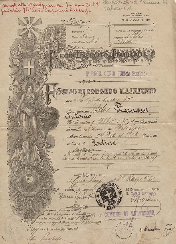 Scan of a service record document. The edges are printed with an elaborate engraved printing of a female figure dressed in a toga and armor amidst olive branches and various symbols of Italy. The text is written in elaborate calligraphy. Text: 'Regio Esercito Italiado. Foglio Di Congedo Illimitato'. The blanks in the document are filled in with even cursive handwriting.