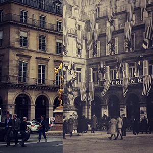 Black and white photo of an old European building with a modern color photo of the same building overlaid on top of the left side.