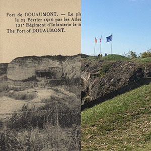 Black and white photo of a war-torn stony cliff. The right side of the photo is overlaid with a modern color photo of the same cliff, now overgrown with grass and with three flags.