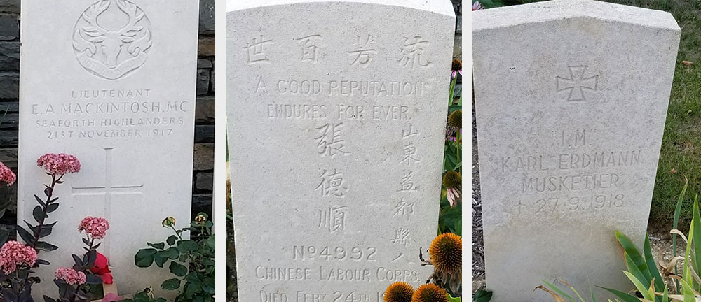 Three photographs of three rectangular white gravestones with flowers planted around them.