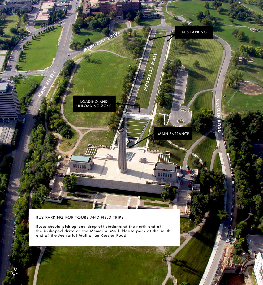 Aerial view of the Liberty Memorial with labels showing where buses can park.