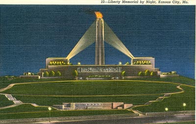 Painted image of the Liberty Memorial from a distance at night.