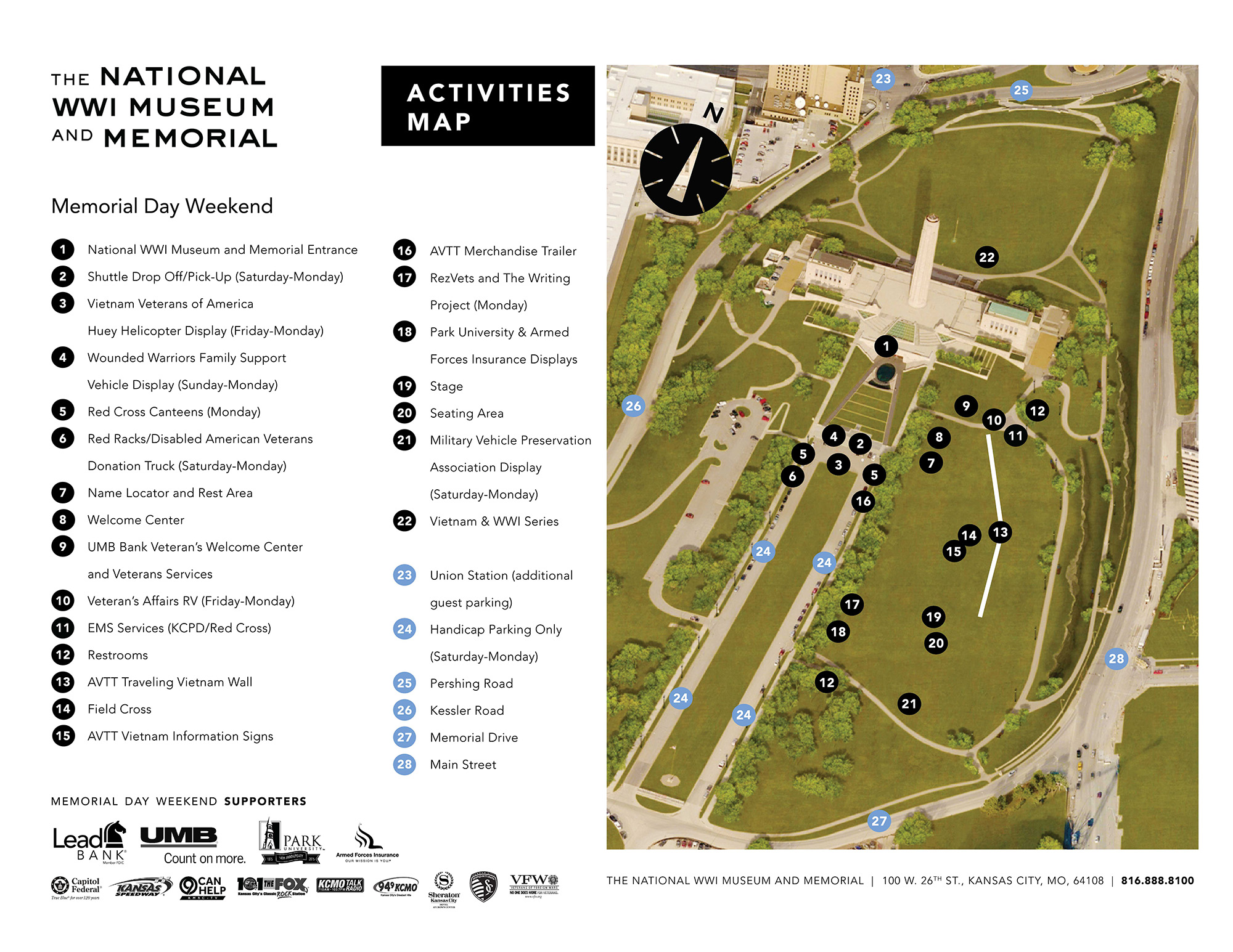 Map of the Museum and Memorial grounds, labeled with numbers corresponding to the weekend events.