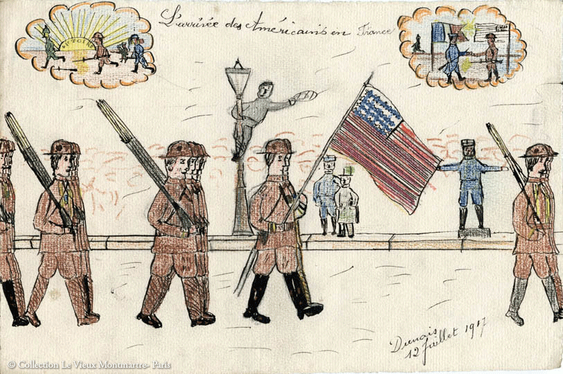 Pencil sketch of American soldiers in uniform and carrying rifles marching down a street. One carries the U.S. flag. Bystanders cheer them on in the background, including one person hanging off a streetlamp.