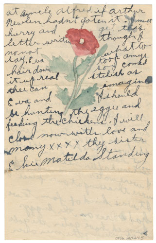 Handwritten letter with a watercolor of a red flower in the middle