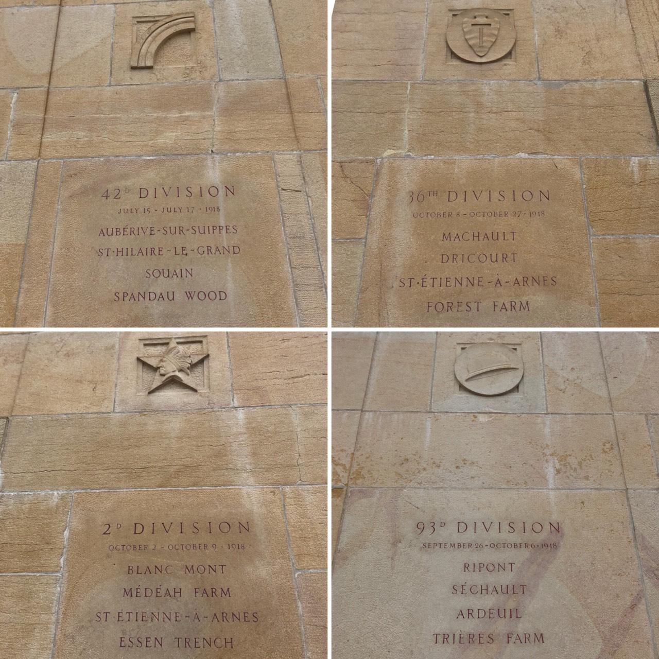 Four photos of four different inscriptions on various monuments honoring different AEF units.