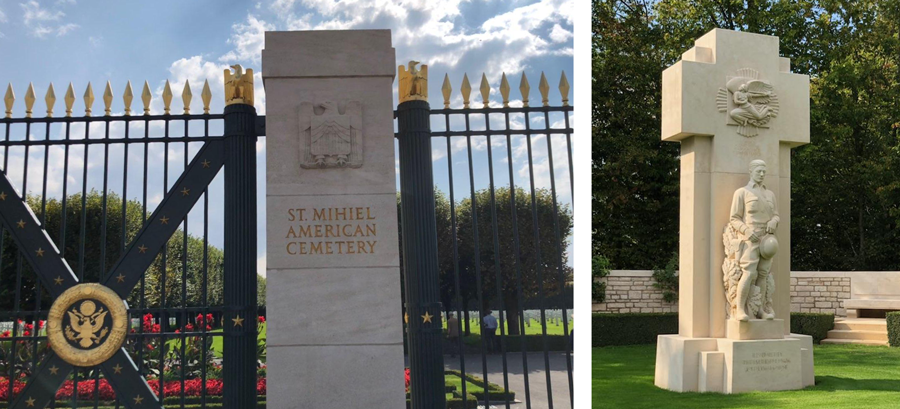 Left photograph: The gate to a cemetery. Right photograph: A cross-shaped monument.