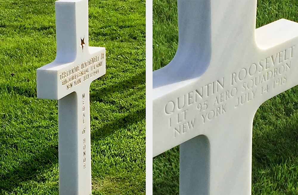 Two photographs of two white stone cross-shaped grave markers