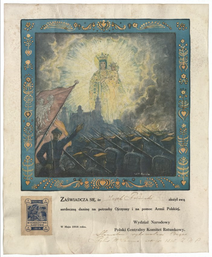 The top of the certificate features work by Wladyslaw "W. T." Benda, depicting Polish soldiers marching into a fiery and smoke-filled battlefield near a church, with the Virgin Mary and Child Jesus appearing in the sky above. This work is bordered by a motif featuring hearts, flowers, and the Christian cross. At the bottom of the certificate is the two-dollar stamp, showing a knight on horseback. There is also faint, partially-illegible seal depicting an eagle which says "So. Omaha, Nebr."