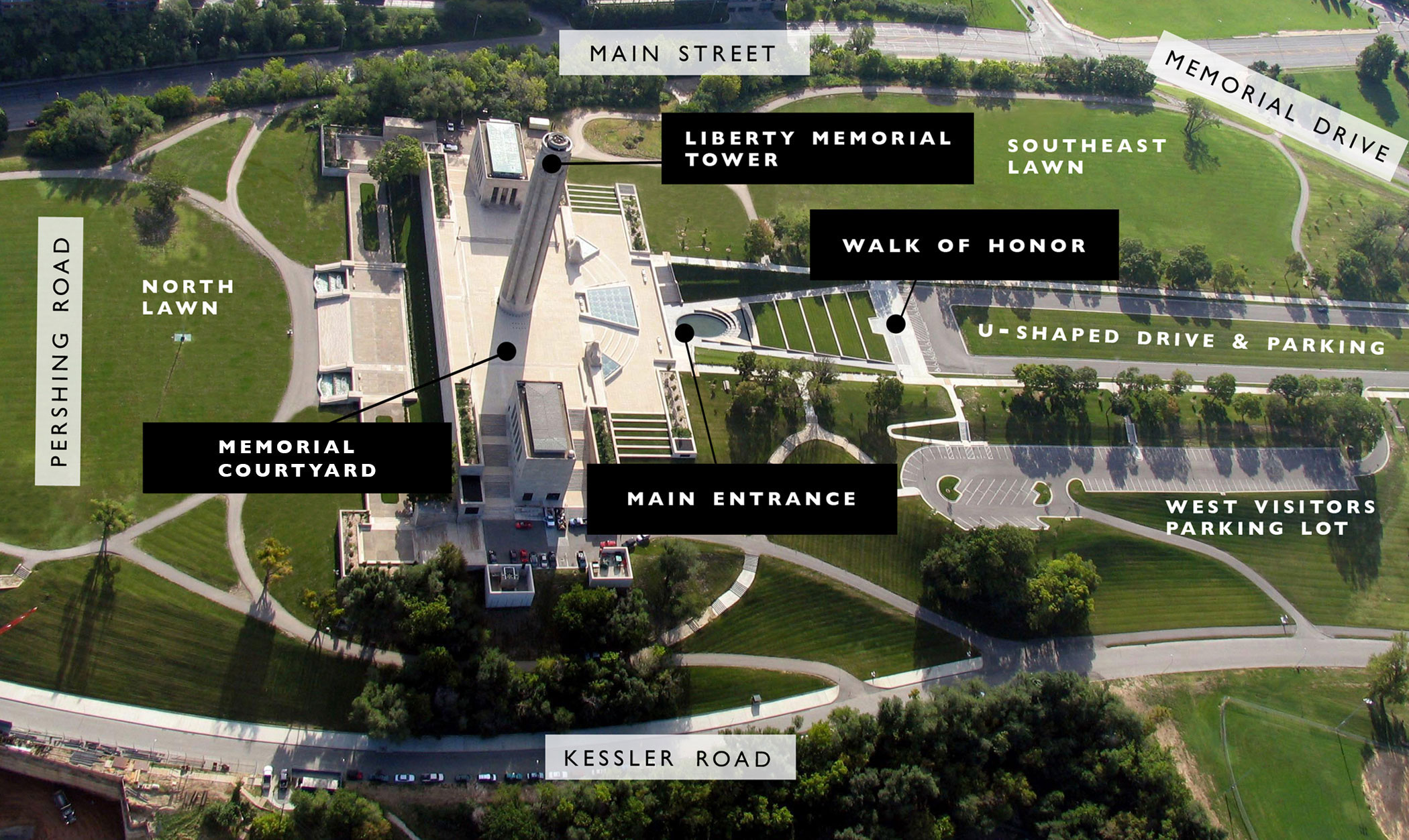 Aerial photograph of the Museum and Memorial grounds with markings for parking