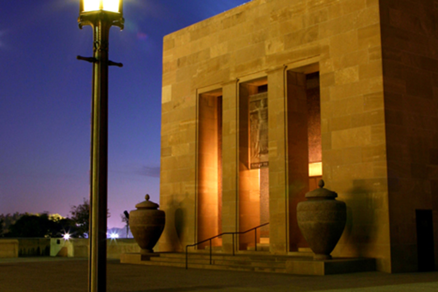 Exterior view of Exhibit Hall at night