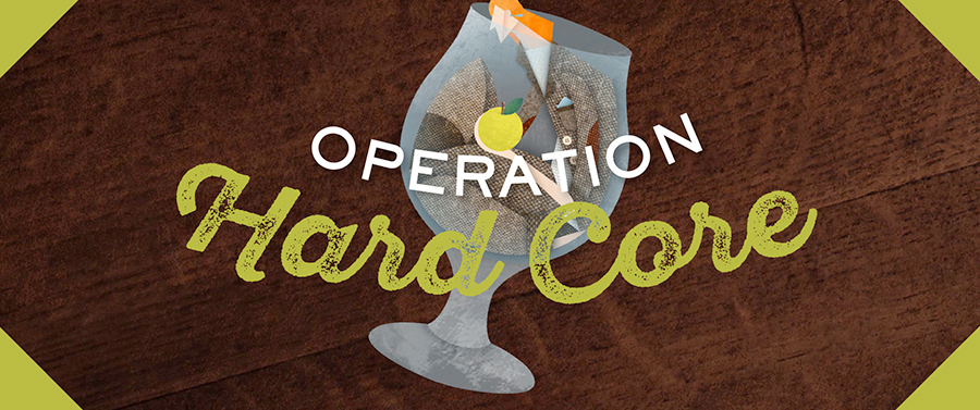 Stylized illustration of a person sitting inside a stemmed glass. Text: Operation Hard Core
