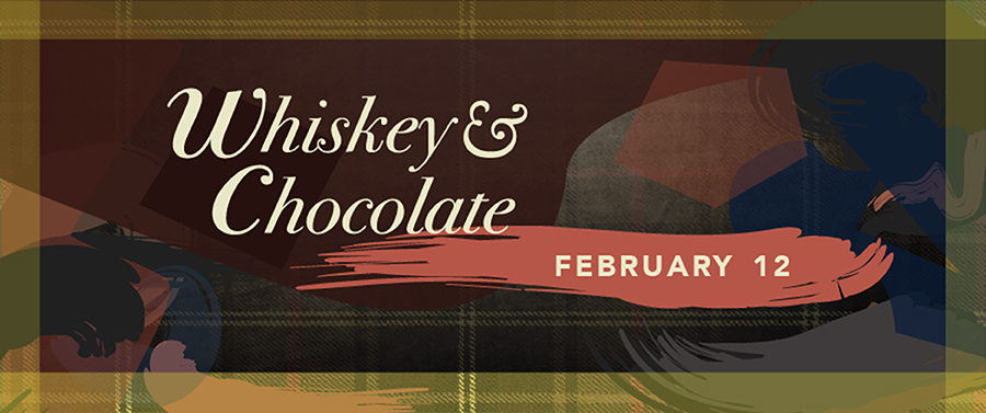 Background: Abstract paint strokes in shades of cocoa. Text: Whiskey & Chocolate