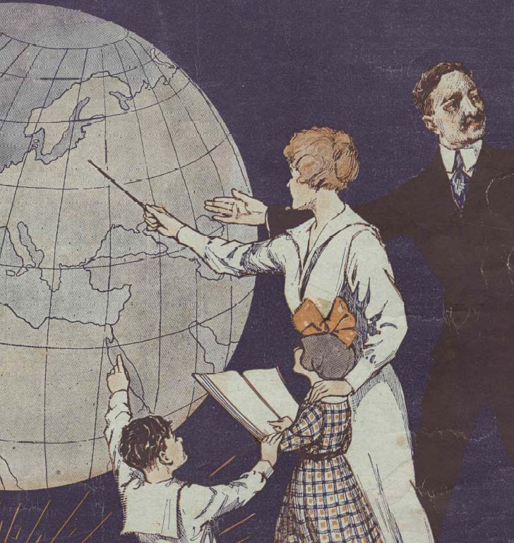 The world today and yesterday, cover of a pamphlet with an illustration of a teacher pointing at a globe.