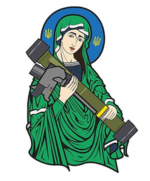 Stylized icon of Saint Javelin wearing a green robe, with a blue halo, holding a Javelin anti-tank weapon.
