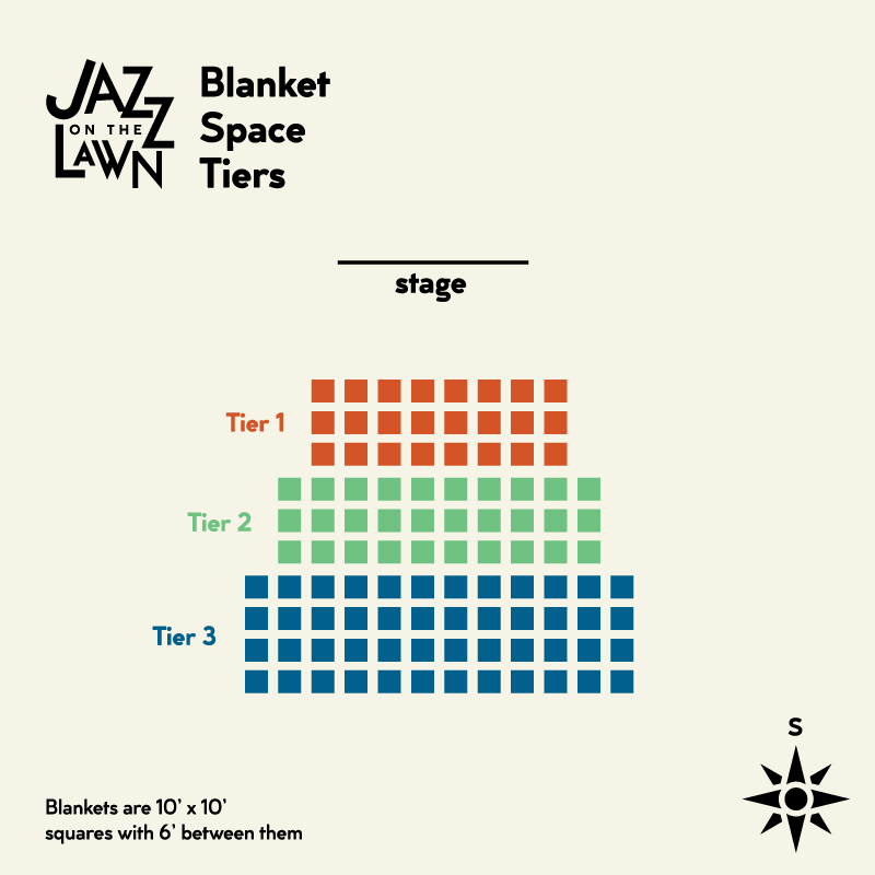 Blanket Space Tiers map, showing rows of squares, with Tier 1 closest to stage and Tier 3 the furthest. Spaces are labeled as 10 foot square, with 6 feet between them. 