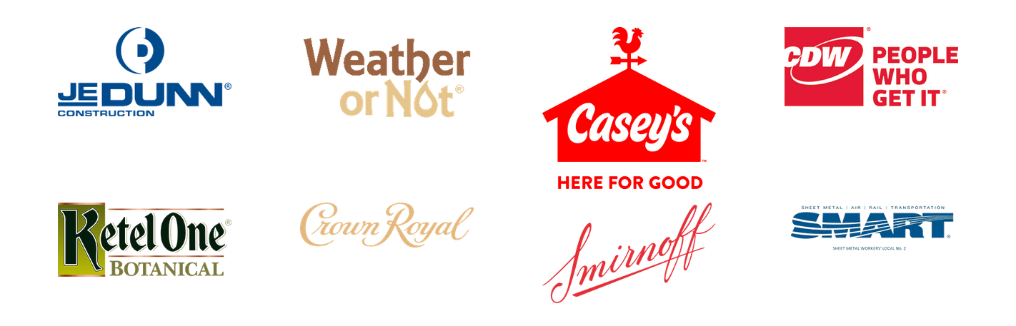 Logos for JE Dunn, Weather or Not, Casey's, CDW, Ketel One, Crown Royal, Smirnoff and SMART.