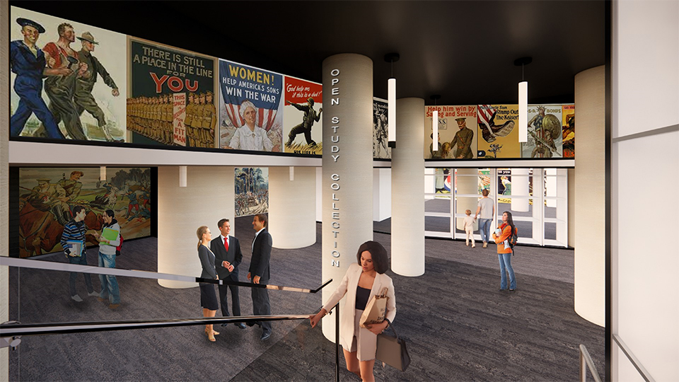 Digital rendering of an open-plan room with posters on the walls.
