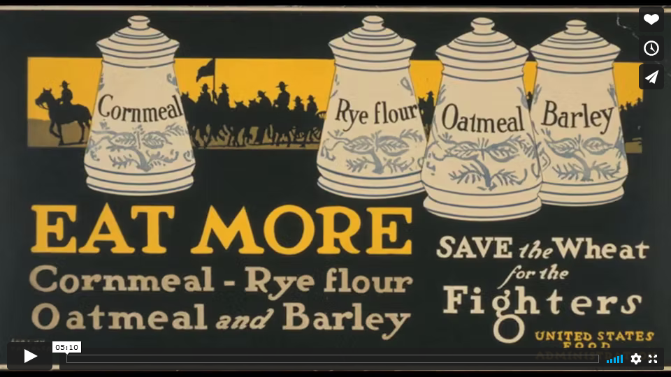 Thumbnail of a painted poster depicting jars of grains. Text: Eat More Cornmeal, Rye flour, Oatmeal and Barley / Save the Wheat for the Fighters