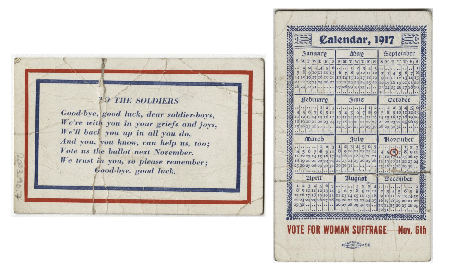Scans of a vintage card printed with a pro-suffrage message and a mini calendar