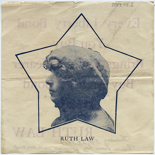 Scanned flyer with a printed photograph of Ruth Law in profile