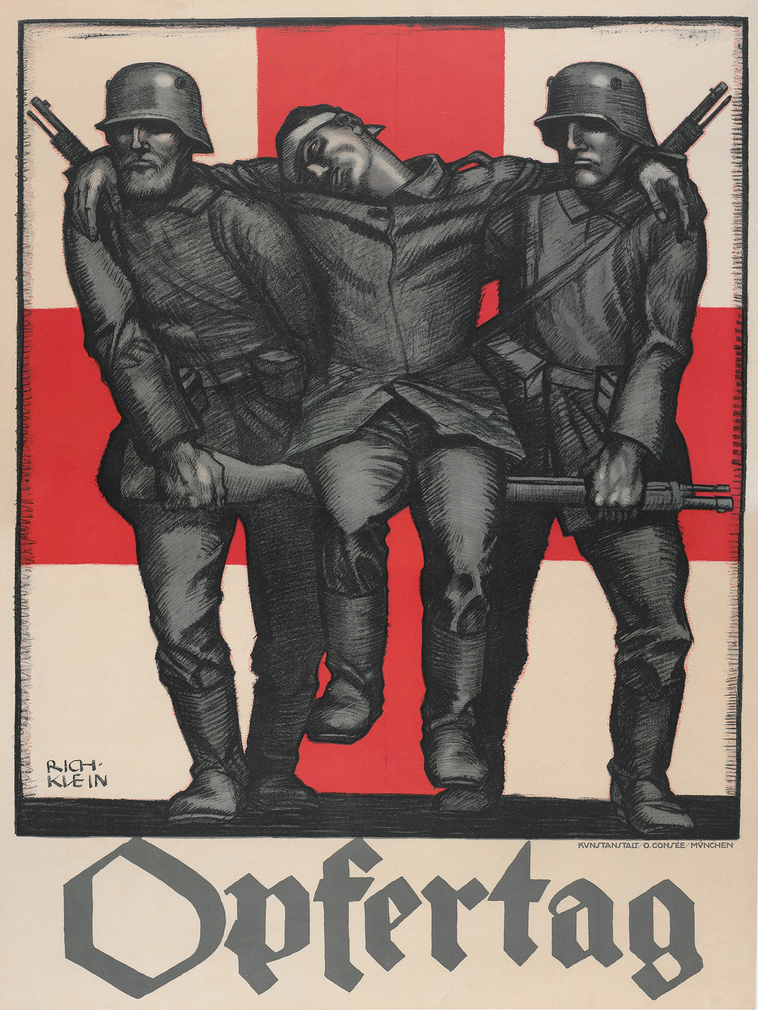Scan of a poster. Image: Two soldiers carry a wounded soldier between them. Text: Opfertag