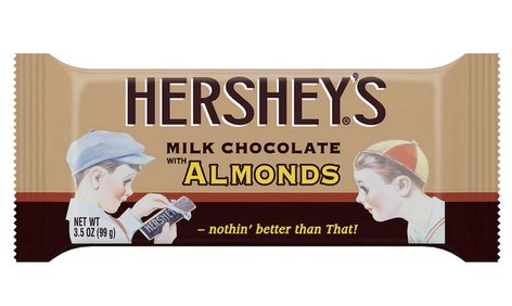 Photograph of a Hershey's Milk Chocolate with Almonds bar. The wrapper is printed with vintage-looking images of white boys eating chocolate
