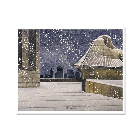 Scan of a watercolor print depicting the Memorial Courtyard, Liberty Memorial Tower and Assyrian sphinx on a snowy night