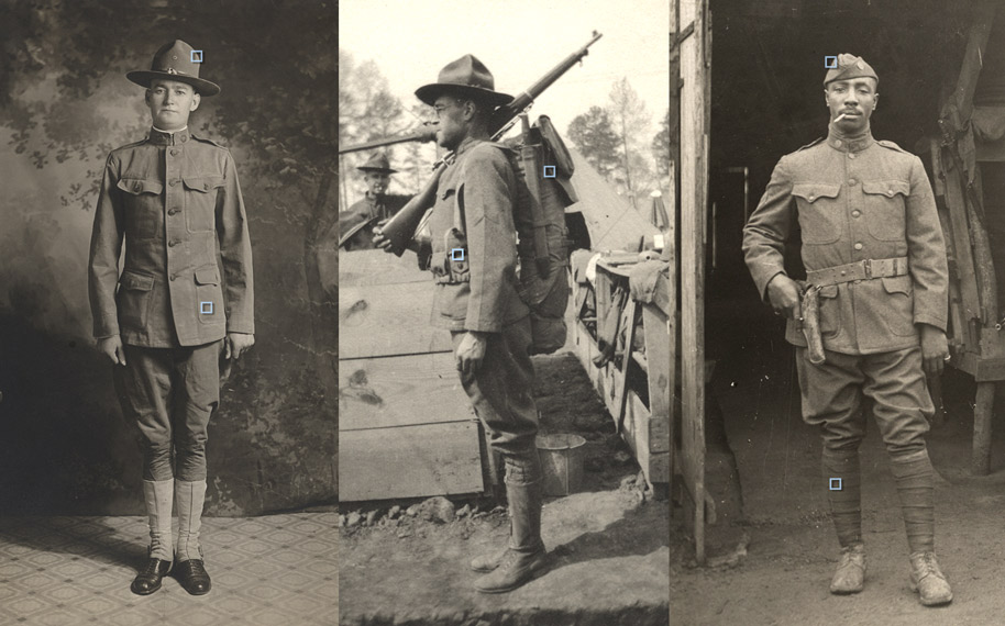 Three sepia pictures of three doughboys in uniform.