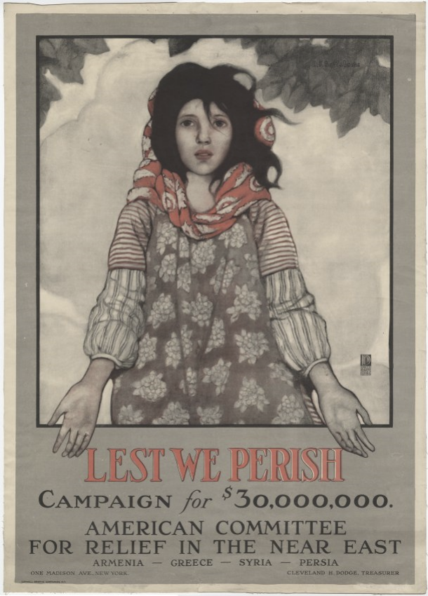 Drawing of a pitiful-looking child with long black hair with palms out towards the viewer. Text: 'Lest We Peris'