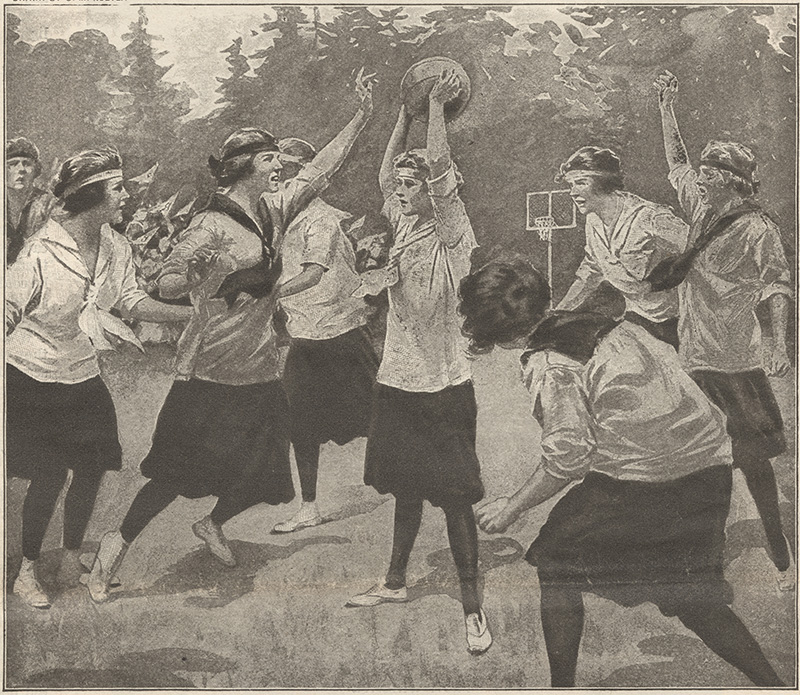 Print of a drawing of schoolgirls in school uniforms playing basketball. The girl in the center holds the ball high in both hands while several other girls guard against her throw or try to intercept her throw.