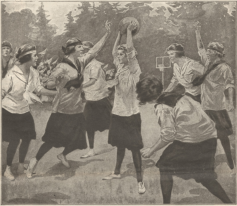 Impression d'un dessin d'écolières en uniforme scolaire jouant au basket. La fille au centre tient le ballon haut dans les deux mains tandis que plusieurs autres filles se prémunissent contre son lancer ou tentent de l'intercepter.