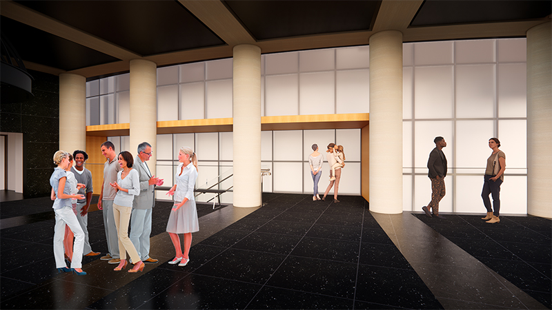 Digital rendering of a large airy Museum lobby area with the entrance to the staircase across from the viewer.