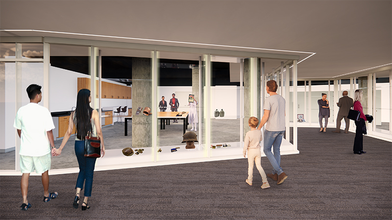 Digital rendering of a Collections and Research area bounded by glass walls. Museum guests on the other side of the glass watch Museum staff at work.