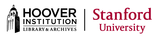 Left logo: a black and white graphic of part of an stone tower with a dome. Text says 'Hoover Institution / Library & Archives'. Right logo: Red text that says 'Stanford University'.