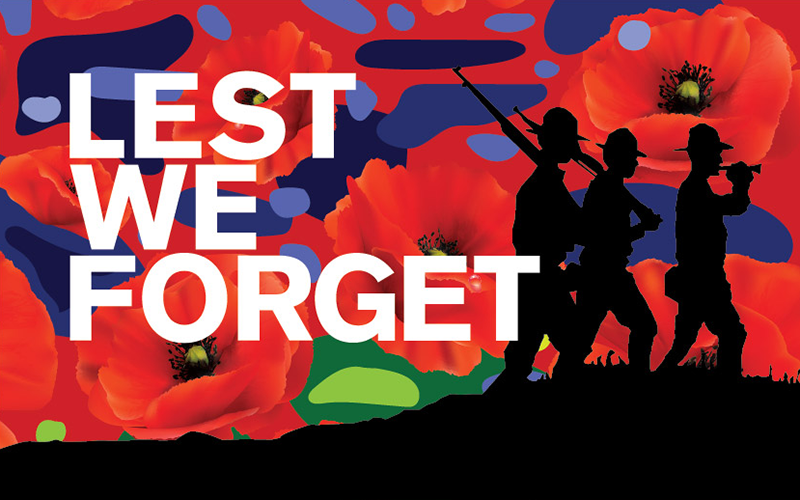 Silhouettes of soldiers marching against a poppy background. Text: 'Lest We Forget'