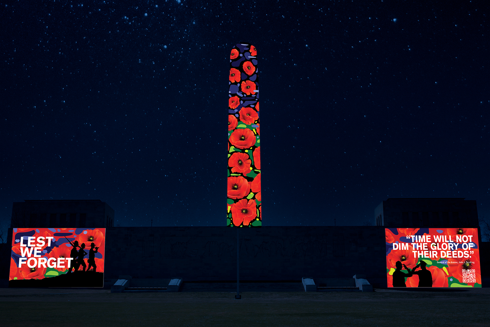 Digital rendering of the Liberty Memorial Tower and North Wall at night. Poppy graphics are projected onto the tower. Left of the tower, a graphic with the text 'Lest We Forget' is projected on the North Wall. To the right of the Tower, a graphic with the text 'Time will not Dim the Glory of their Deeds' is projected onto the North Wall.