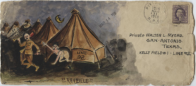 Scan of a vintage envelope. Painted with a nighttime scene of a row of round tents. An undressed person is crawling out of the foreground tent, reaching after another person dressed in uniform and running out of the tent while carrying a bugle.