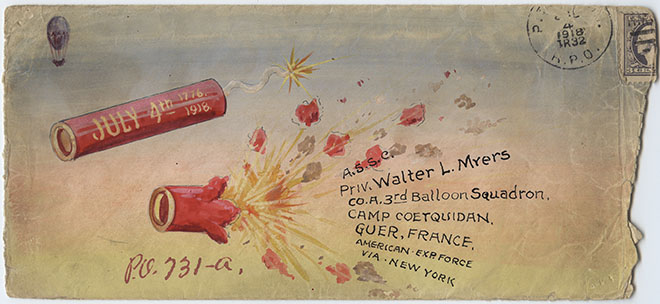 Scan of a vintage envelope. Painted with two firecrackers, one intact and one in the midst of exploding.