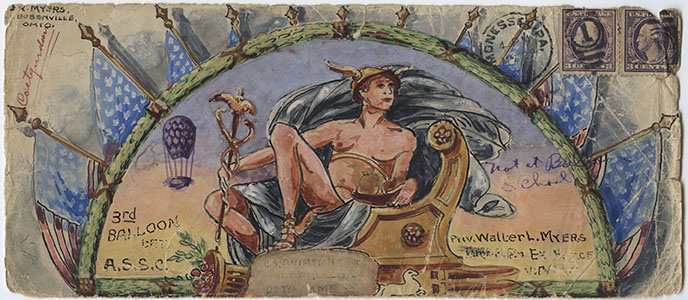 Scan of a vintage envelope. Painted on the envelope is a figure of a Greek or Roman god seated on a throne. He's mostly naked, wearing winged sandals and a winged helmet. He holds a staff decorated with wings and winding snakes.