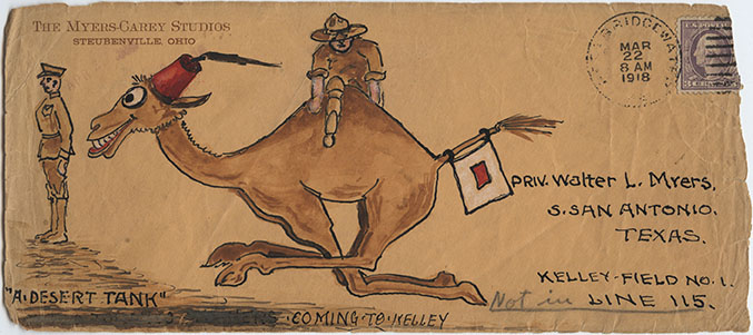 Scan of a vintage envelope. A painted cartoon camel wearing a fez runs across the front of the envelope. Text: 'Desert Tank'
